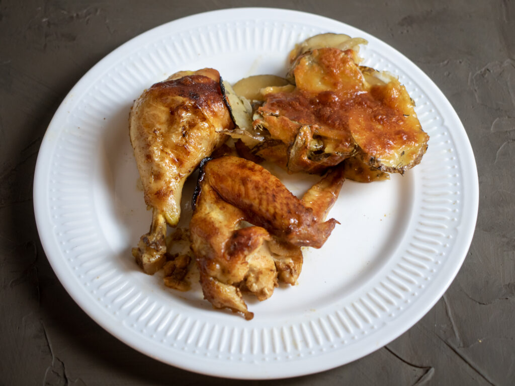 Baker's potatoes and oven baked BBQ chicken