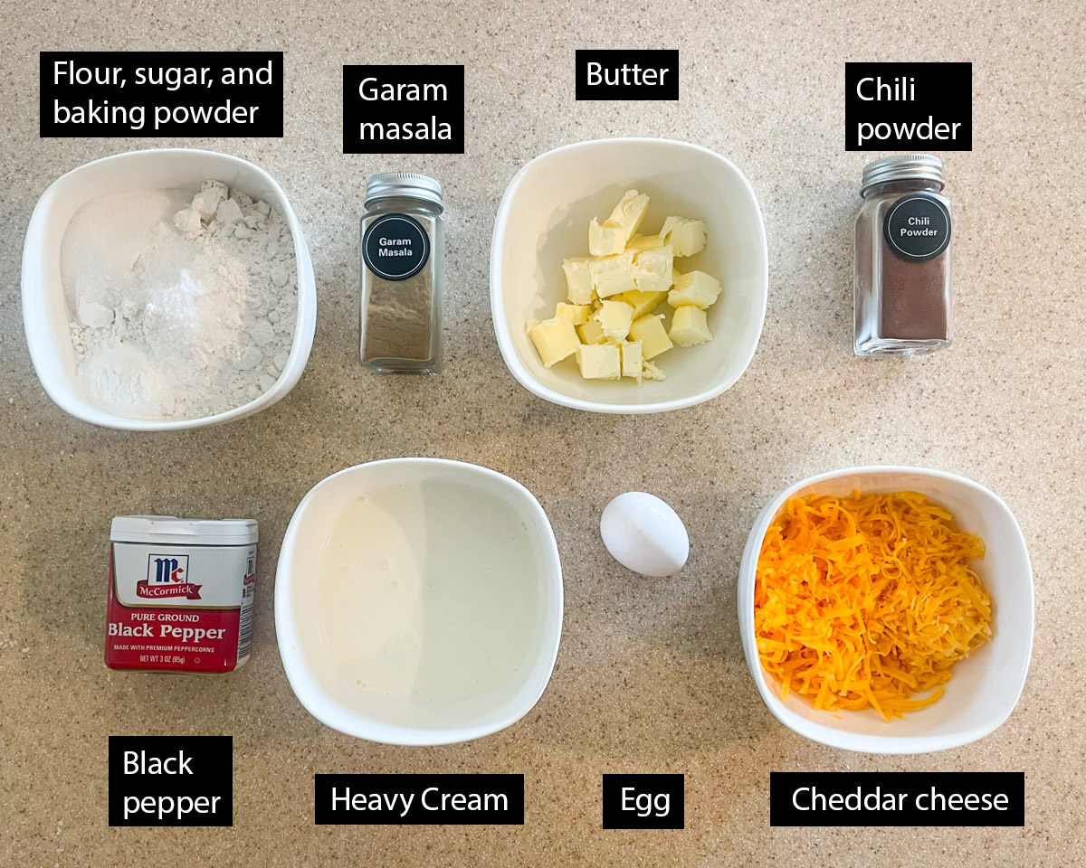 Ingredients for garam masala cheese scones, labelled