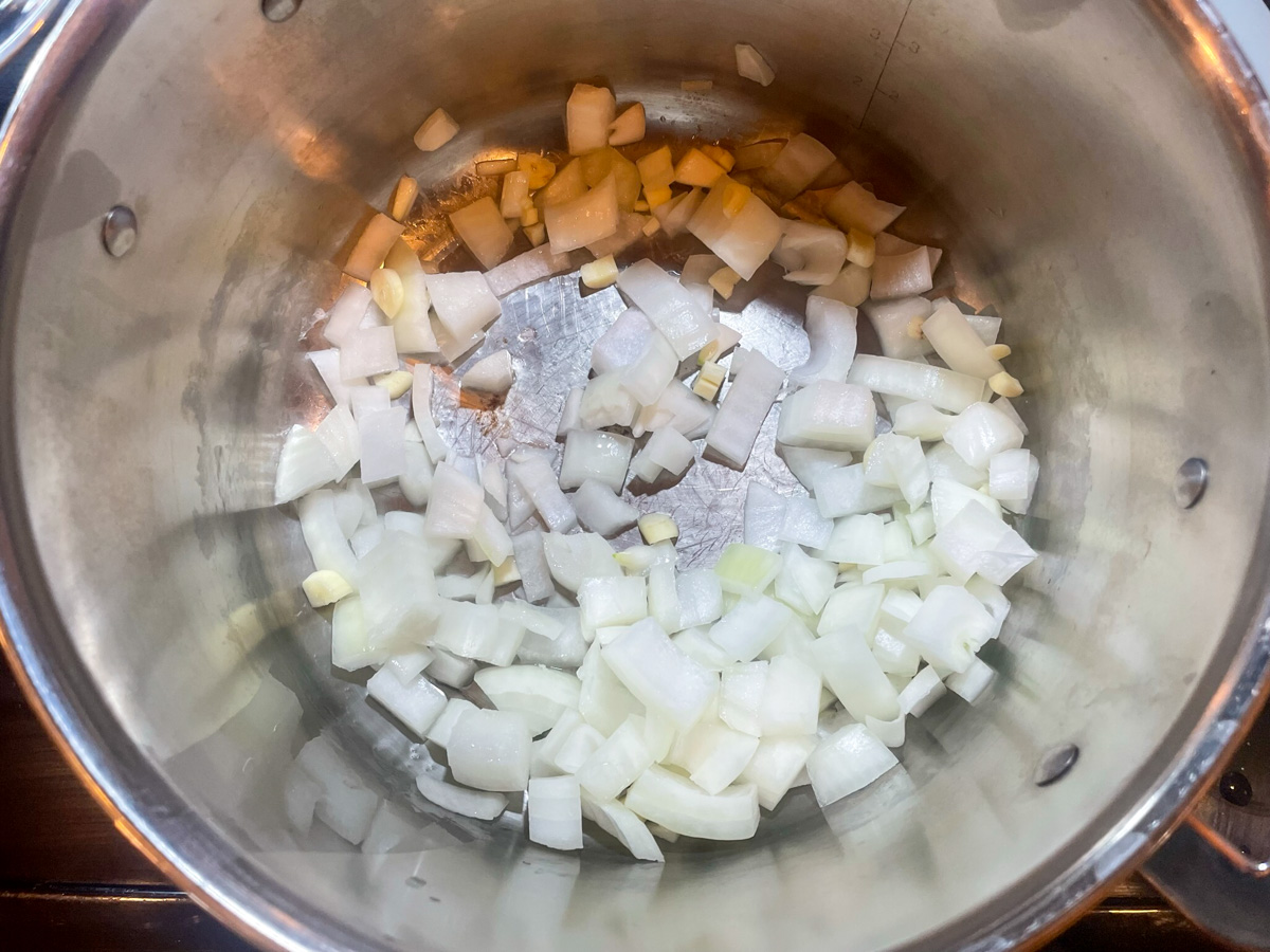 Step 1 - cooking onions and garlic in olive oil