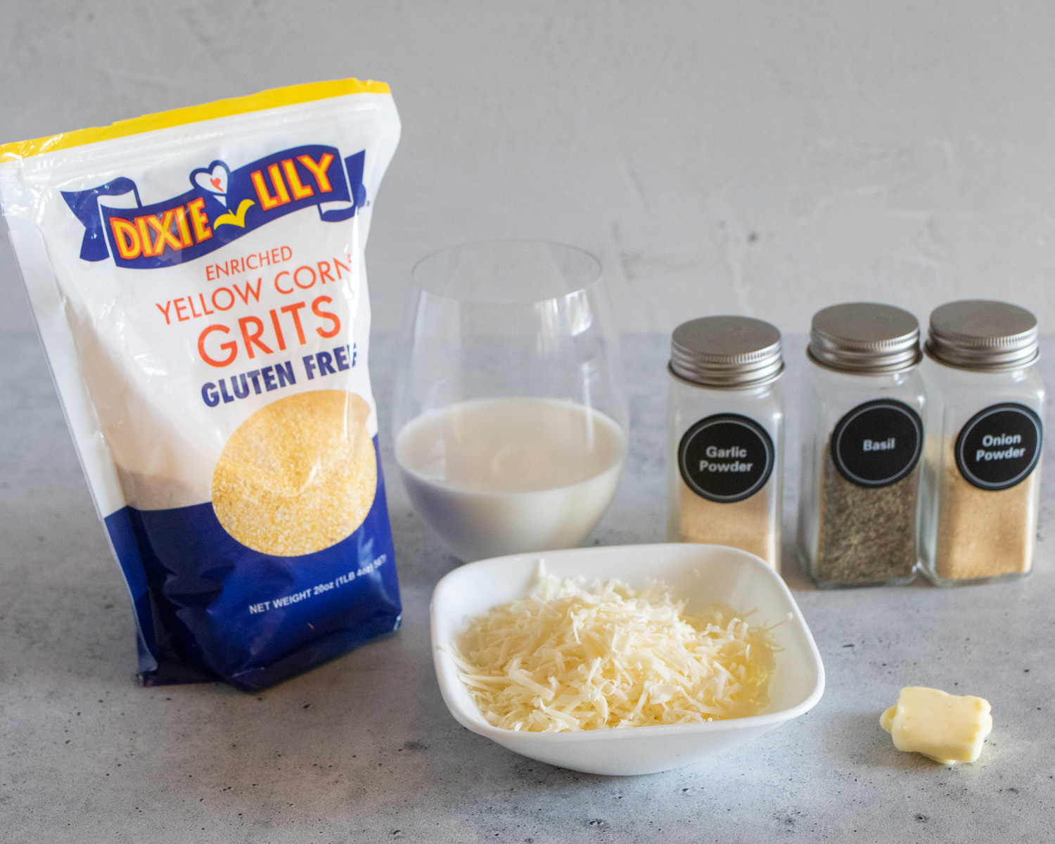 Asiago cheese grits ingredients - grits, milk, cheese, butter, and spices